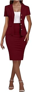 Plus Size Business Skirt Suit Set for Women 2 Piece Office Work Outfits Short Sleeve Collared Blazer Pencil Skirts