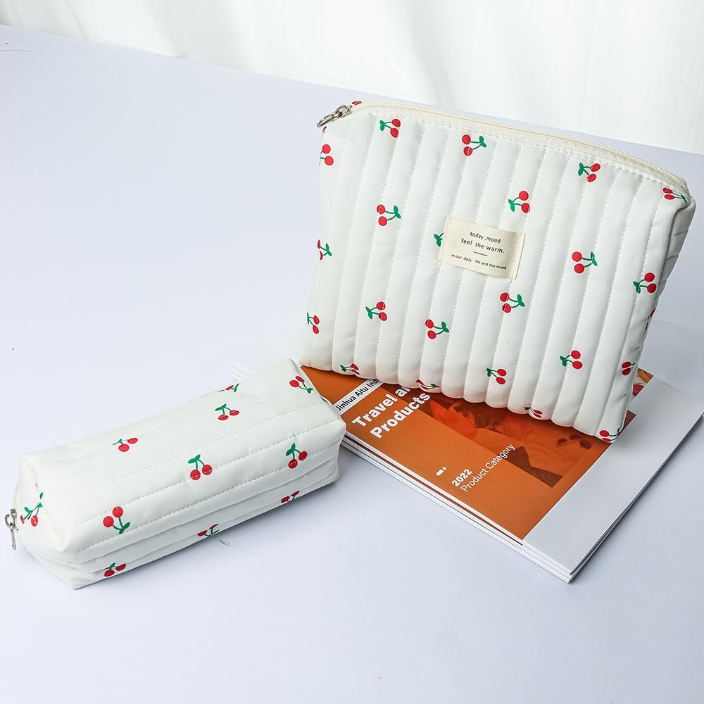 Makeup Bag Set, Quilted Makeup Bag 3PCS Cotton Cosmetic Bag Travel Makeup Bag Toiletry Bag for Women, Portable Make Up Bag Organizer, Gift for Her, Cherry