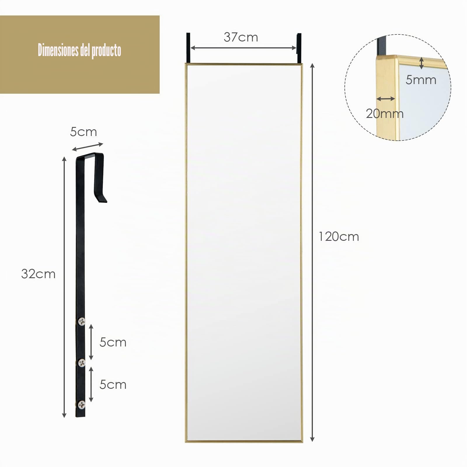 GOPLUS Espejo de Pared Cuerpo Entero 2 en 1 | Espejo para Puerta Colgar, Longitud Completa, Estilo Moderno, para Salón Dormitorio Baño, Puerta de 5 cm, Dorado