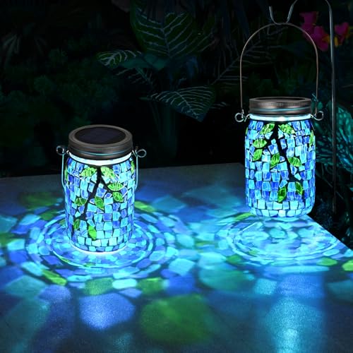 Uspring Stained Glass Mosaic Solar Lanterns Outdoor Waterproof Garden Decor Hanging Solar Jar Lights Gifts for Women Mom Grandma Handmade Outdoor Lantern Lamp for Patio Porch Yard Balcony Table Decor