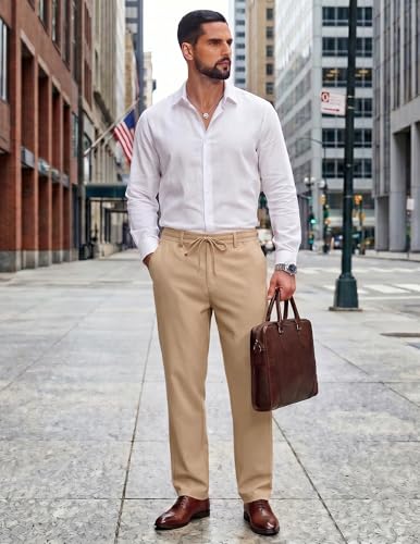 Image of COOFANDY Mens Cotton Linen Pants Casual Drawstring Summer Beach Pants Lightweight Linen Dress Trousers