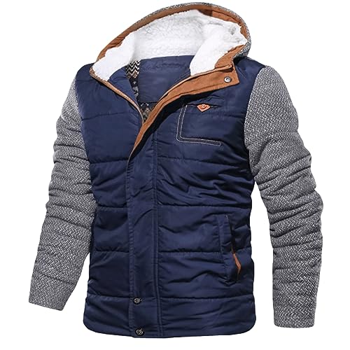 Fleece Lined Hoodie Men Zip up Puffer Jacket Patchwork Hooded Coat Pattern Hoodies Casual Winter Jackets
