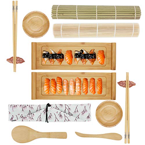 YULAO DA Sushi Making Kit and Sushi dinnerware set 2 Bamboo Rolling Sushi Mats 2 Sushi Plates 2 Sauce Dishes 2 Pairs of Chopsticks 2 Chopsticks Rests 1Tableware Bags 1 Paddle and 1 Spreade