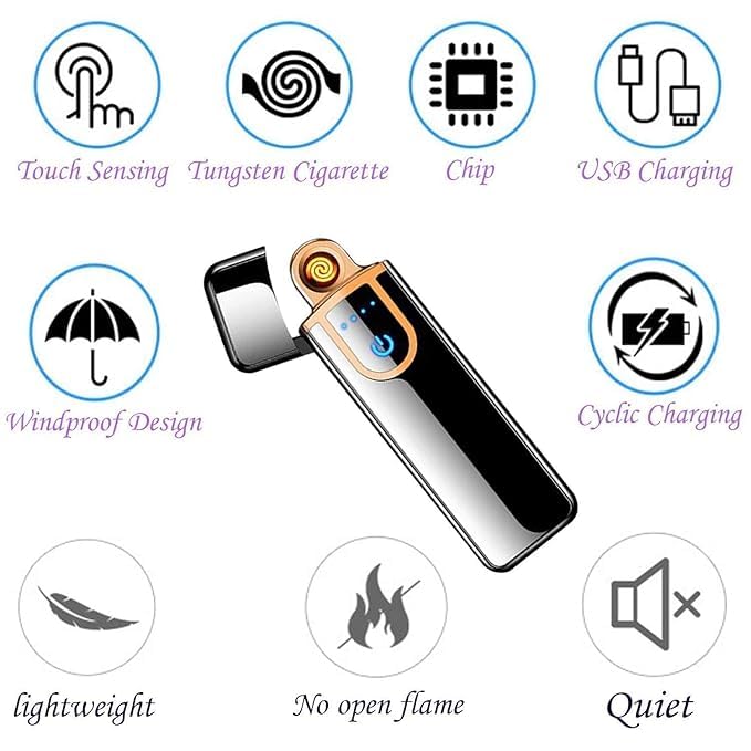 Image of Smart Touch Electric Lighter, USB Rechargeable, Black, Fingerprint Sensor, Battery Protection Chip, LED Power Indicator, Cigarette Lighters