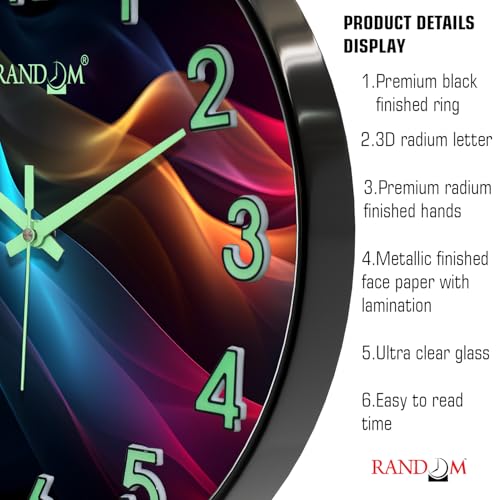 Image of RANDOM Modern 12.75 INCH Wall Clock with 3D Radium Numbers, Silent Non-Ticking, Premium Black Frame, Ultra Clear Glass for Living Room, Home Office