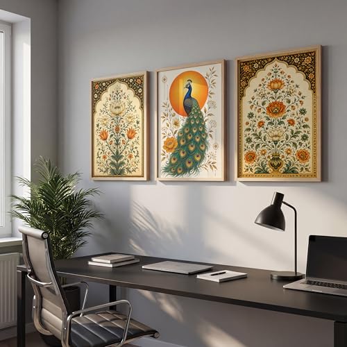 Image of NoWorries Floral Peacock Wall Art Set of 3 Framed Prints | Indian Traditional Botanical Painting, Royal Peacock & Lotus Flower Poster, Vintage Rajasthani Wall Decor for Living Room Bedroom Home (Synthetic Engineered Wooden Frame) (MIN -1, 10x13 inches)