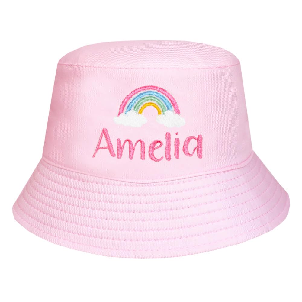TeddyT's Personalised Girl’s Boho Rainbow Embroidered Baby Pink Bucket Sun Hat (3-6 Years)