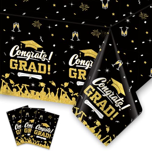 Graduation Tablecloth Party Decorations 2026, 3 Pack Black and Gold Graduation Decorations Tablecloth, Plastic Congrats Grad Table Cloth Rectangle for Class of 2026 Graduation Party Supplies, 108"x54" by Linsuminn - Used condition - US$3.67
