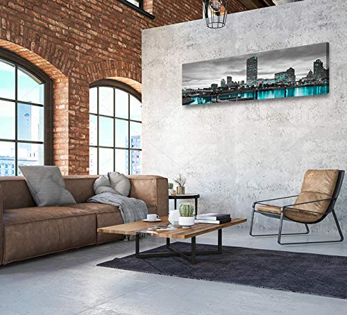 Milwaukee Cityscape Skyline Canvas Wall Art For Living Room Black And White Wall Decor Aqua Green Teal Panorama City Pictures Modern Home Artwork Decor Watercolour Paintings Office Stretch Framed #TOP4