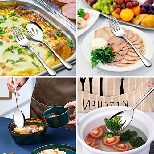 Homikit Stainless Steel 2 Serving Spoons, 2 Slotted Serving Spoons, 2 Serving Forks, Metal Buffet Party Banquet Restaurant Catering Serving Utensils Spoons Forks Set, Mirror Polished, Dishwasher Safe #TOP5