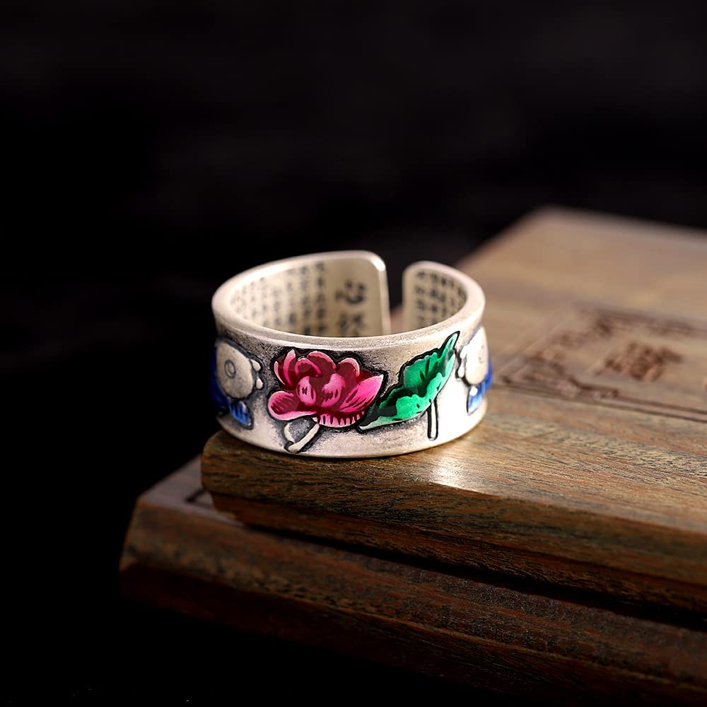 999 Sterling SIERT Silver Lotus Fish Fish Ring Style China Heart Sutra Anillo para Amantes De Yoga Amantes De Joyas De Plata