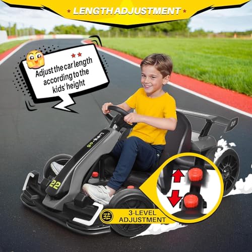 Blitzshark 24V Kids Go Kart 300W Drift Kart Powerful Electric Pedal Kart Outdoor Race Toy, with 2X150W Strong Motor, 7AH Big Battery, EVA Tires, Drift/Sports Mode, Brake Pedal, Length Adjustment, Gray