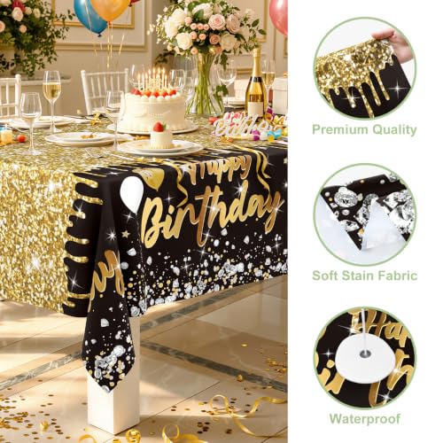 Image of Smiry Plastic Table Cloth Disposable 3 Pack, 54 x 108 Inch Rectangle Waterproof Tablecloth, Printed Gold Table Runner Style for Birthday Weeding, Party Decorations, Leakproof & Sturdy, Black and Gold