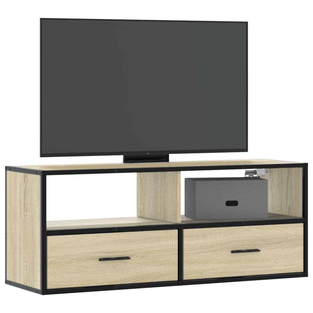 YUANCHUTOP Small Floating TV Unit Stand 100cm, Wall Mounted Media Console with 2 Drawers & Storage Shelf, Industrial Style Hanging Wall Cabinet, Brown