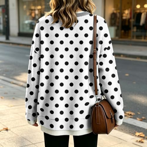 Waffle Knit Oversized Sweatshirt for Women Crew Neck Polka Dot Layered Tops - image 6