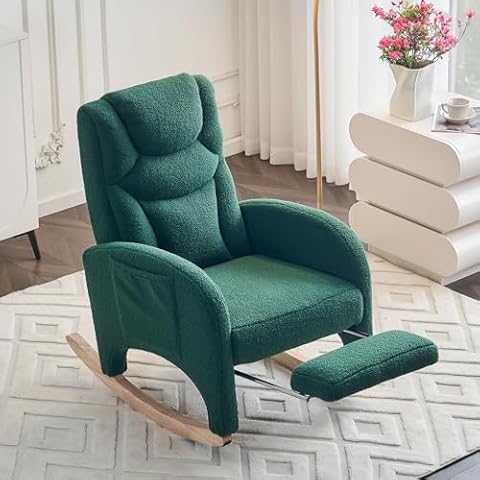 FOXHUNTER Rocking Chair Nursery, Modern Glider Chair with Adjustable Footrest and Solid Wood Legs, High Backrest Nursery Chair with Side Pocket, Rocker Armchair for Living Room Bedroom, Teddy Green Cover