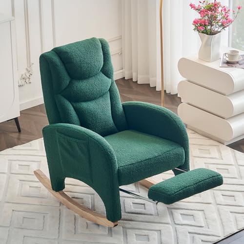 Image of Rocking Chair Nursery, Modern Glider Chair with Adjustable Footrest and Solid Wood Legs, High Backrest Nursery Chair with Side Pocket, Rocker Armchair for Living Room Bedroom, Teddy Green