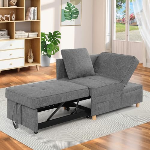 SEJOV Sofa Bed, 4-in-1 Convertible Sleeper Sofa Couches, 3-Seat Pull Out Couch Bed, Linen Fabri Single Recliner with 5 Adjustable Backrests & 2 Pillows for Small Space, Dark Grey