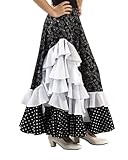 Falda de NIÑA para Danza Flamenco o sevillanas, Cinco Volantes, Cuerpo Estampado y Lunares pequeños en el Volante bajo. (Blanco, 4)