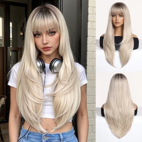 Umbrion Ombre Light Blonde Long Straight Human Hair Wigs For