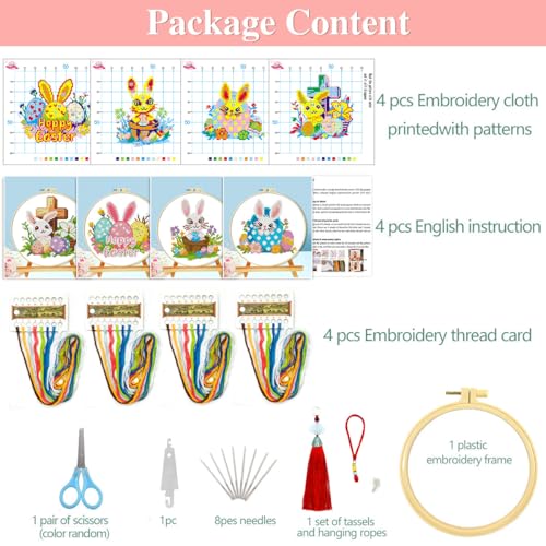 Image of Zhenging Easter Cross Stitch Kit with 4 Bunny & EggPatterns -9.45x9.45 Inch Hoop, Pre-Printed Fabric,Threads, Tools -DlY Easter Craft Gift for Adults, HomeDecor