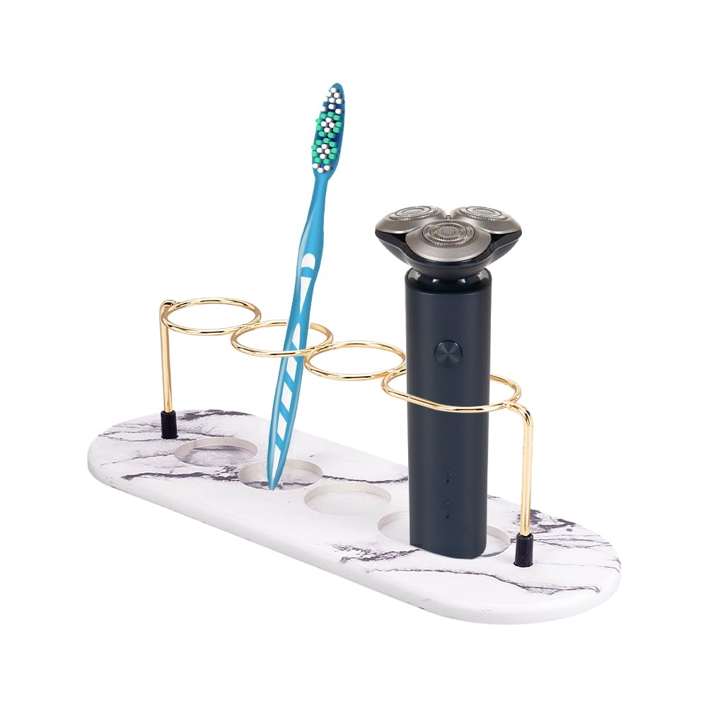 AHANDMAKER Toothbrush Holder 4 Slots Toothbrush Holder Bathroom Marble Pattern Toothpaste Razor Storage Makeup Brush Display Rack for Bathroom Toothpaste Organizers, Gold Marble White