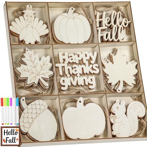 WOHOHOHO 42PCS 9 Styles Unfinished Paintable Blank Wooden with Tray. DIY Wooden Fall Ornaments Autumn Thanksgiving Decorations with Watercolor Pens. Maple Leaves Turkey Pumpkin Squirrel Birthday Gift