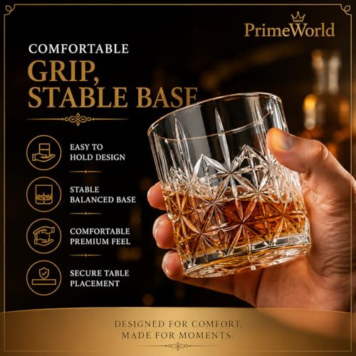Image of PrimeWorld Premium Paris Crystal Whiskey Glasses Set of 6 pcs- 310 ml Bar Glass for Drinking Bourbon, Whisky, Scotch, Cocktails, Cognac- Old Fashioned Cocktail Tumblers