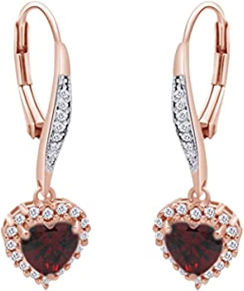 Ritika Heart & Round Cut Red Garnet & Diamond Solitaire Cluster Drop Dangle Earrings 14K Gold Finish 925 Sterling Silver