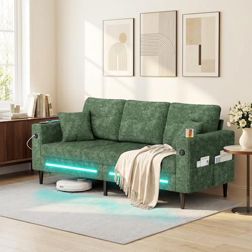 Hretanant 77" Small Cloud Loveseat Couches for Living Room,3 Seater Love Seat Sofa with Deep Seat, LED Light,USB Charger,Chenille Modern Small Couches for Bedroom, Small Spaces, Dorms, Office,Green