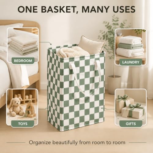 Image of Sage Green Gingham Storage Basket for Girls' Room Decor, 23.6 In Tall