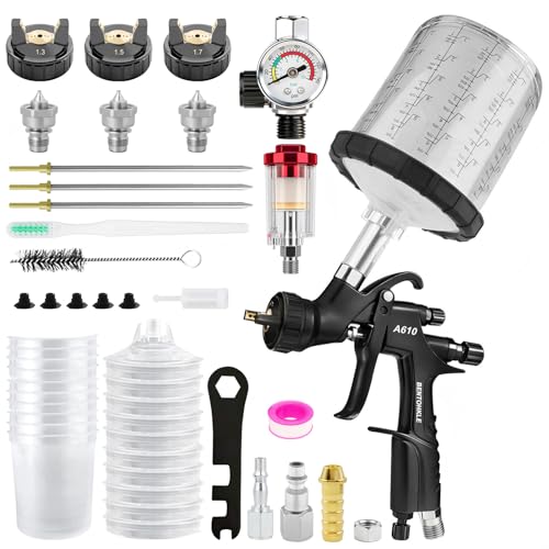 BENTOHKLE A610 LVLP Air Spray Gun with 10PCS 650ML Disposable Paint Cups 1.3/1.5/1.7mm Nozzles& Air Gauge R500 Automotive Paint Gun for Car Painting (LVLP Spray Gun with Disposable Paint Cups)