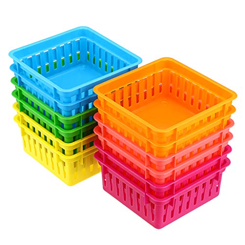 BTSKY New 12 Pack 6 Colors Pencil Basket Classroom Pencil Organizer Crayon Basket Square Office Supply Baskets OrganizationTrays