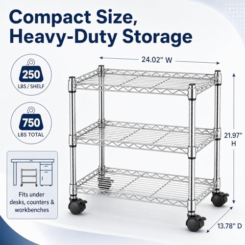 Image of Simple Deluxe 3-Tier Storage Shelves, 750 Lbs Loading Capacity, 24.02 inch W x 13.78 inch D x 21.97 inch H Shelving Unit for Garage, Pantry and Kitchen, Chrome