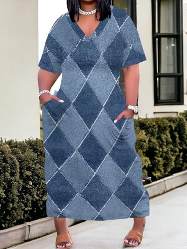 Image of SUZONANA Plus Size Denim Print Maxi Dresses for Women Casual V Neck Short Sleeve with Pockets Soft Jean Look Dress XL-6XL