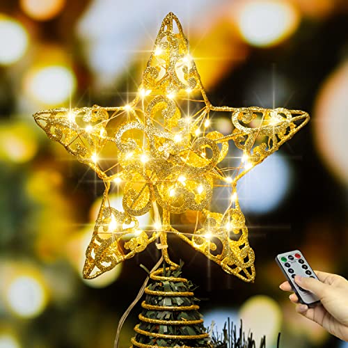 YAUNGEL Weihnachtsbaumspitze Stern, 40 LED beleuchtete Stern Baumspitze mit Fernbedienung, Ornamente Batteriebetriebene warme Lichter Baumspitze Dekorationen Urlaub Saisonal, Innendekoration 25,4 cm Cover