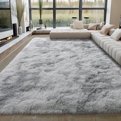 KING DARE 9x12 Area Rug for Living Room Plush Carpet, Soft Fluffy Shaggy Fuzzy Furry Large Black Rug, Anti-Slip Washable Modern Floor Carpet for Bedroom Home Aesthetic Decor, Tie-dye Grey