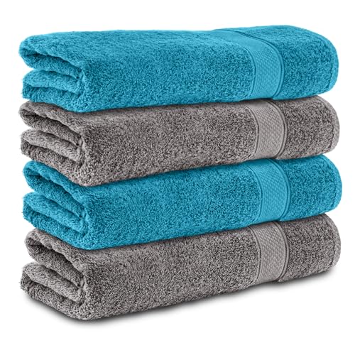 Komfortec Lot de 4 Serviettes de Bain 70x140 cm, 100% Coton, Douces et Très Absorbantes, Grande Taille, Anthracite/Turquoise