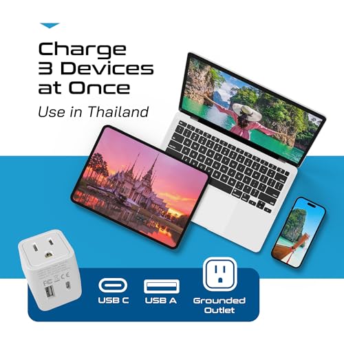 Image of Ceptics Thailand Travel Plug Adapter - Type O Power Adapter with USB-C & A + USA Input - Ultra Compact,3-in-1 Safe Grounded Adapter Plug for Thailand
