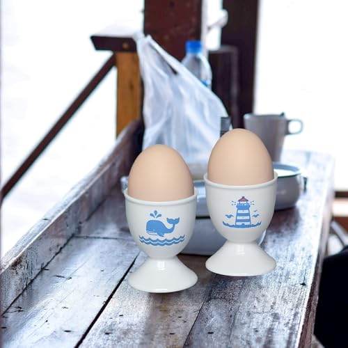 Image of Cinf Ceramic Egg Cups, 2 Pack, Lighthouse Whale Holders for Boiled Eggs