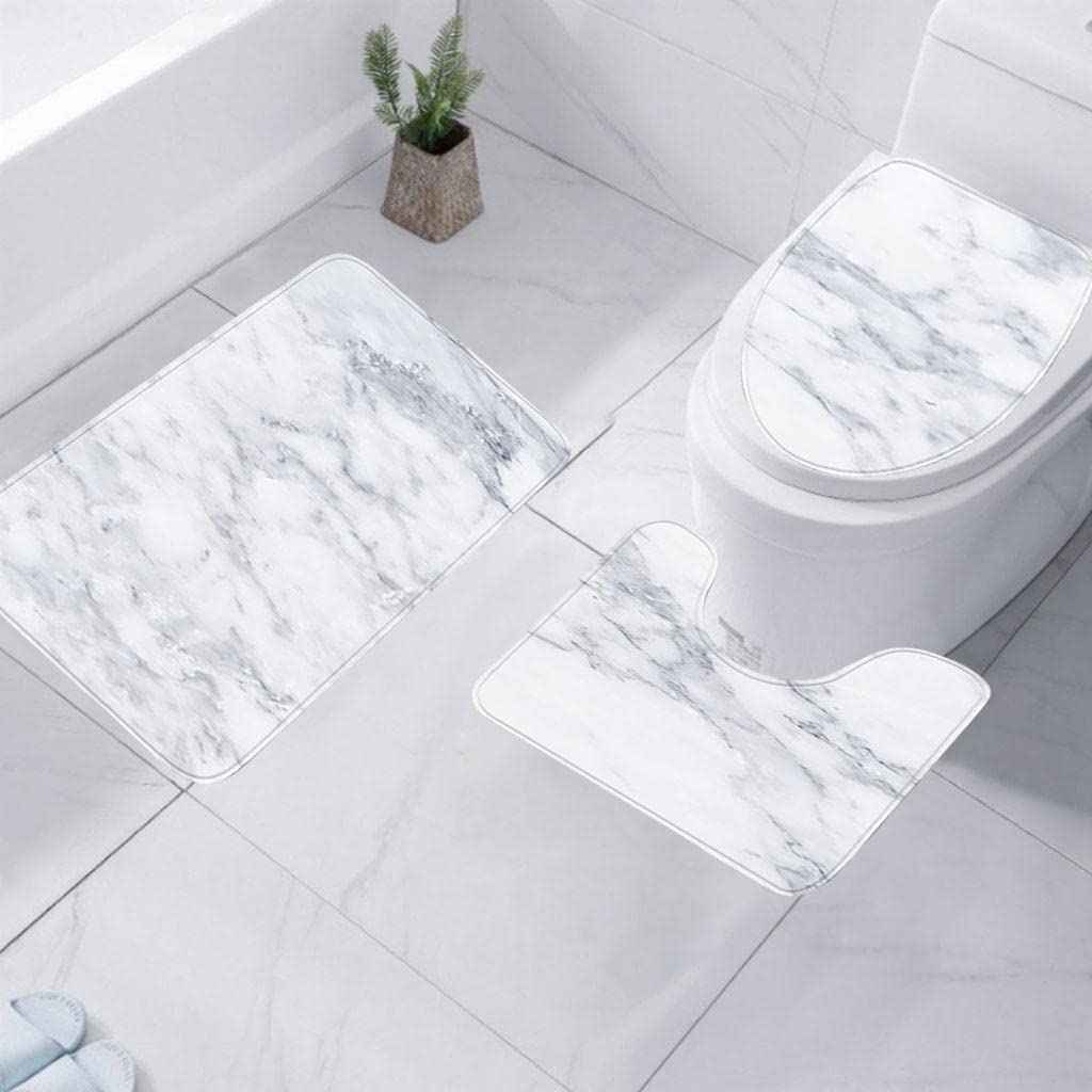 ATORSE® 3X Bathroom Mat Set Non-Slip Washable Soft Marble Decorations for Toilet A