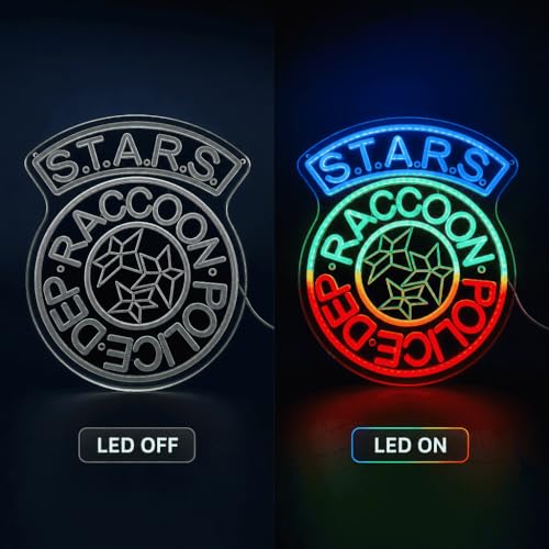 Image of S.T.A.R.S. Raccoon Police LED Neon Sign 38x32cm | Tactical Team Style Wall Decor, USB Powered, Game Room Aesthetic Light, Custom Acrylic Night Light