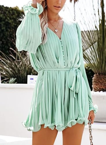 Dokotoo Womens Ladies Cute Elegant One Piece Long Sleeve Sexy V Neck Front Button Down Elegant Spring Summer Rompers For Women Short Jumpsuits With Belt Green Medium #TOP7