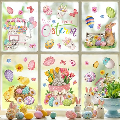 Joeyan 9 Feuilles Autocollants Fenêtre de Pâques Double Face Réutilisables, 70 PCS Stickers Gommettes Electrostatique avec Lapins,oeufs et Fleurs, Cadeau...