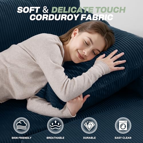 Image of HABUTWAY 94 inch U Shaped Modular Sectional Couch for Living Room, Modular Cloud Sofa with Ottoman, No Assembly Boneless Couches with Deep Seat, Corduroy Fabric (Blue, Left Facing)