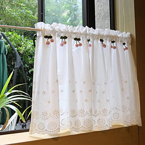 A.Monamour Rideau de Cuisine Court pour Petit Fenêtre Coton Blanc Dentelle Broderie de Fleur avec Cerise Opaque Rideau Brise-bise Rideaux à étages Rideaux...