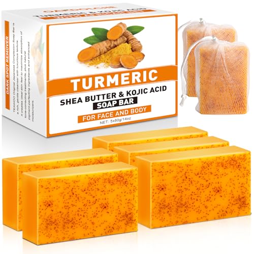 OAKDOLCHE 5 Pack Turmeric Kojic Acid Soap Bars(80g) - Infused with Retinol, Hydrolyzed Collagen,...