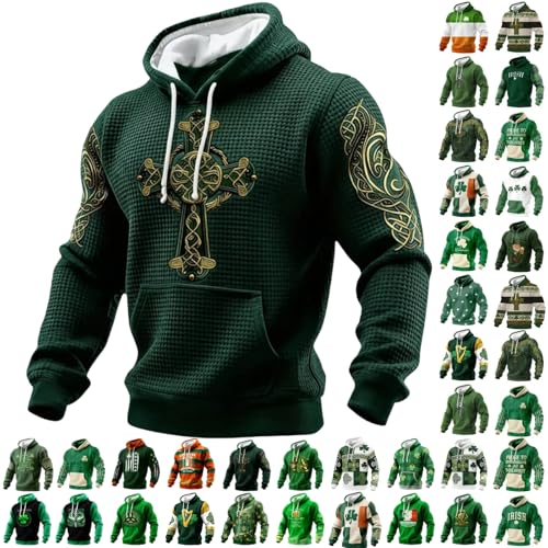 LVOFTJU St Patricks Day Hoodie St Patricks Day Sweatshirt Men 2026 Irish Shamrock Clover Graphic Waffle Knit Pullover Casual Long Sleeve Hoodies Shirt Holiday Outfits Green 001Dark Green XXL