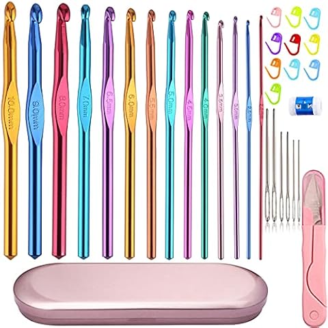 Acmerota 33 pcs Crochet Hooks Kit, Multicolor Aluminum Crochet Hooks Knitting Needles, Coloured Aluminum Ergonomic Handle Crochet for Arthritic Hands, with Crochet accessories, 2-10mm Cover