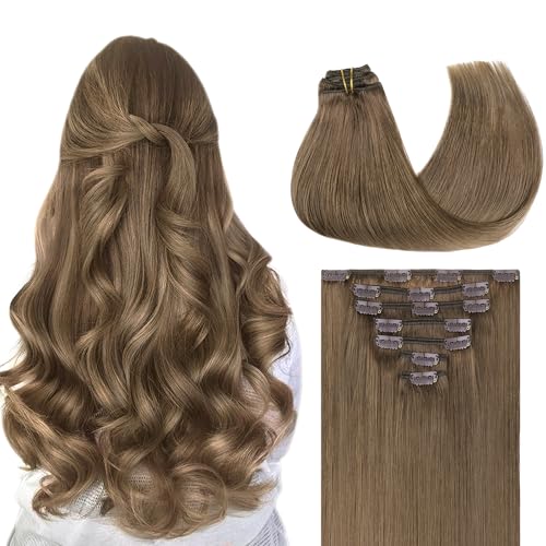GOO GOO Clip in Hair Extensions Real Human Hair, Remy Human Hair Extensions Clip ins for Women, Natural Human Hair, 18inch 120g 7Pcs, 5 Light Ash Brown